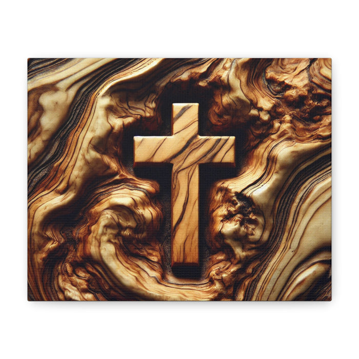 Canvas Print Wall Art, Cross Chiseled into Olive Wood Grain, Christian Decor, Matte, Stretched, Religious Home Decoration, Christian Gifts
