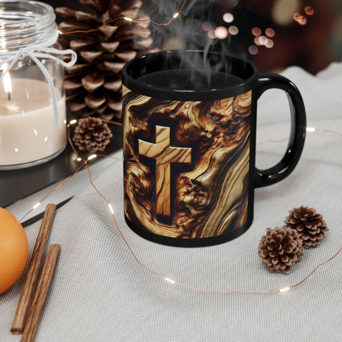 Christian Wooden Cross Black Mug, Jerusalem Olive Wood Grain Ceramic Cup, Religious Gift, Coffee or Tea Mugs, Christian Decor & Kitchenware