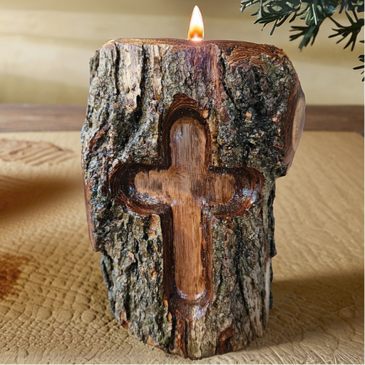 Christian Cross Engraved Rustic Log Candle Holder