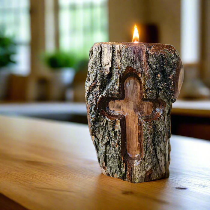 Christian Cross Engraved Rustic Log Candle Holder