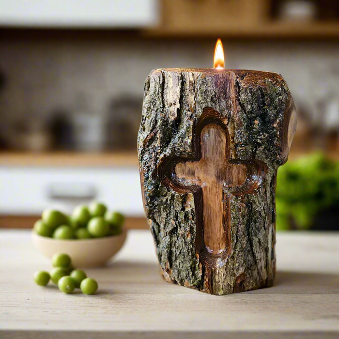 Christian Cross Engraved Rustic Log Candle Holder