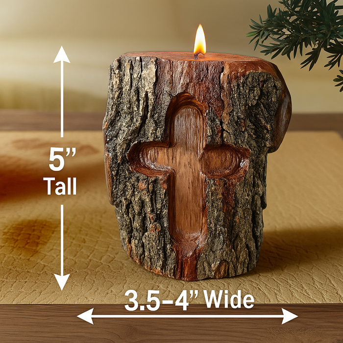 Christian Cross Engraved Rustic Log Candle Holder – Natural Bark Wood Decor