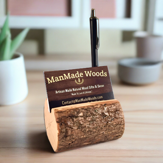 Real Tree Wood Business Card Holder & Pen Holder with Bark