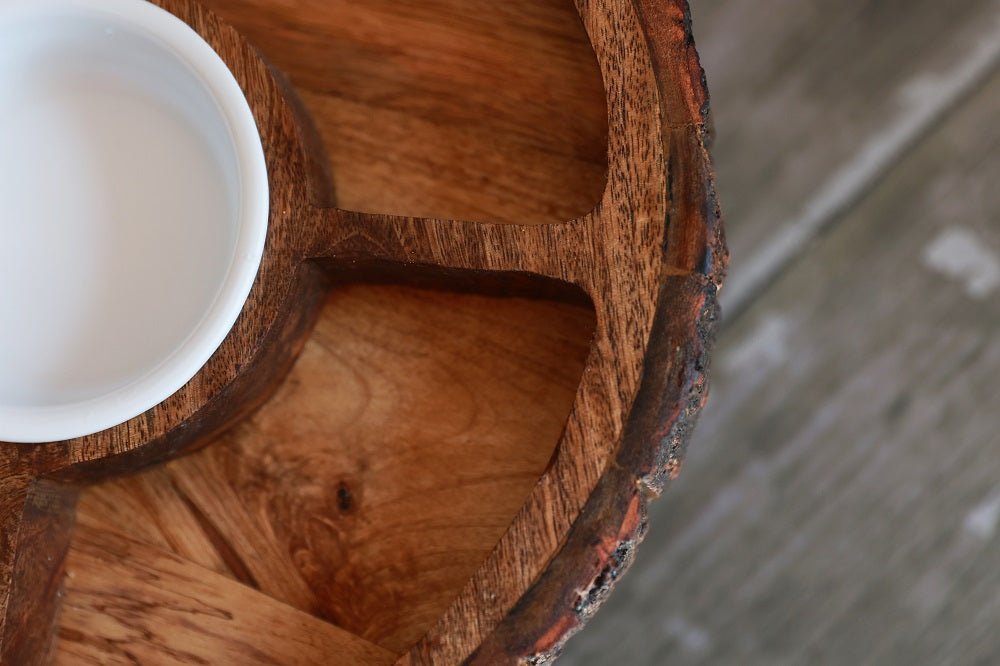 All Natural Eco-Friendly 4-Section Gourmet Tree Wood Serving Party Tray + Plastic Bowl Included