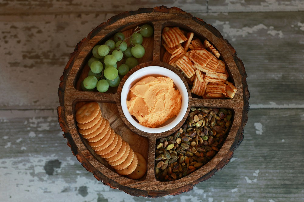 All Natural Eco-Friendly 4-Section Gourmet Tree Wood Serving Party Tray + Plastic Bowl Included