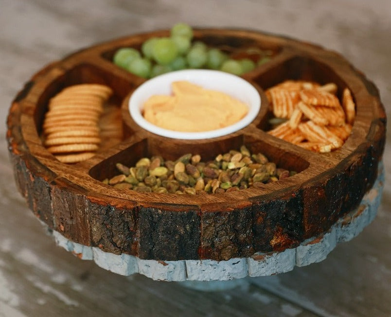 All Natural Eco-Friendly 4-Section Gourmet Tree Wood Serving Party Tray + Plastic Bowl Included