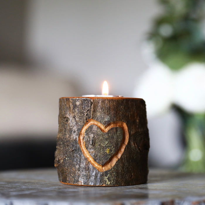 Hand Carved Heart Wood Tea Light Candle Holder, Live Edge Wood Bark Tealight, Rustic Style Home Decor, Unique Gift For Your Love