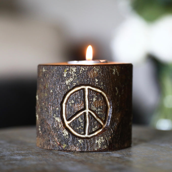 Peace Sign Hand Carved Wood TeaLight Candle Holder