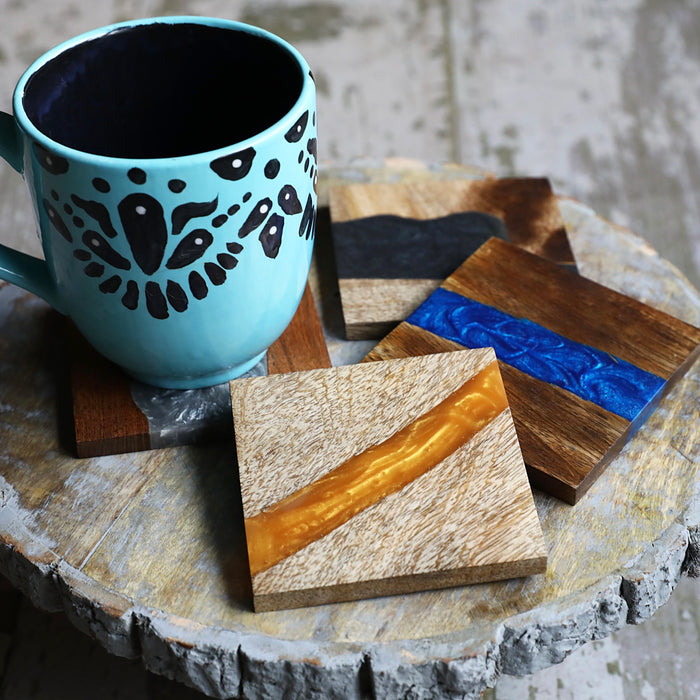 Variety Pack Acrylic Resin Swirl Wooden Coasters - Set of 4