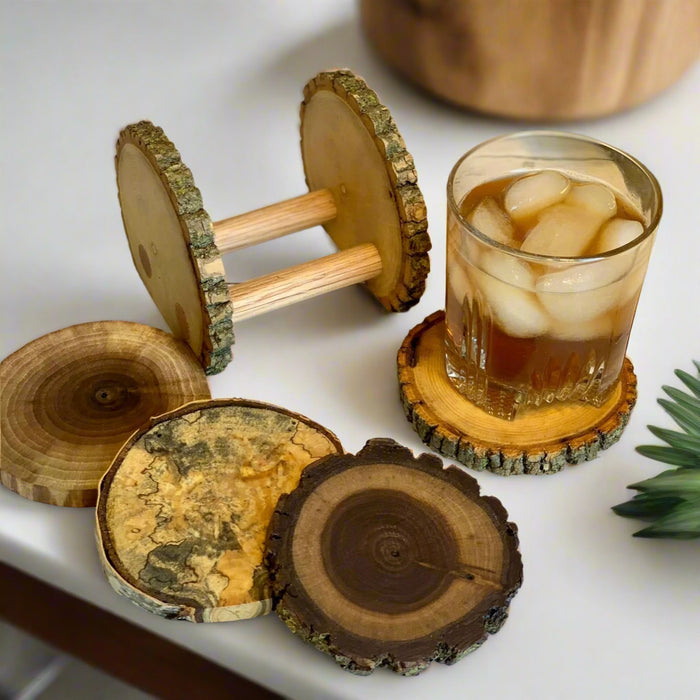 Natural Tree Wood Beverage Coaster Holder | Wood Beverage Drink Coaster Stand | Rustic Tree Wood Gifts