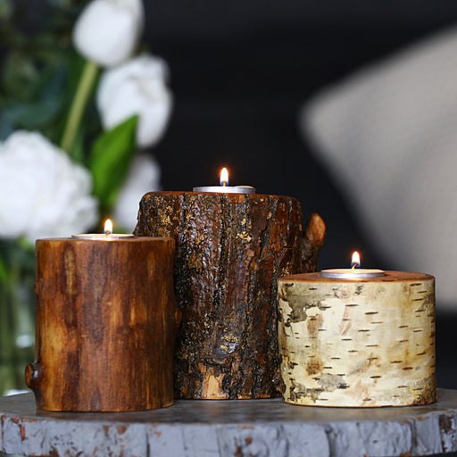 Assorted Rustic Wood Log Candle Holder Set