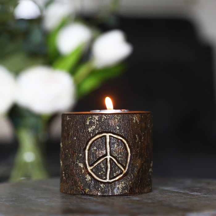 Peace Sign Hand Carved Wood TeaLight Candle Holder