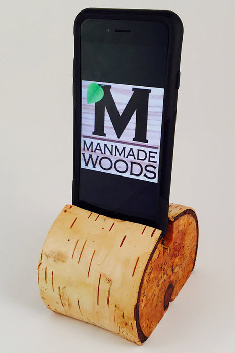 Natural Birch Wood Cell Phone Holder & Charging Station with Bark