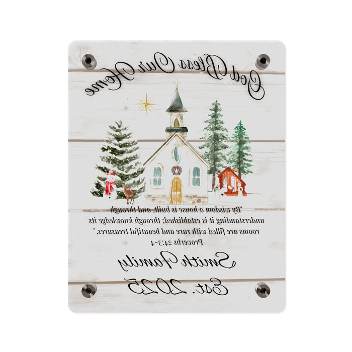 God Bless Our Home Wall Art Panel, Christian Home Decor, Rustic Christmas Church Scene, Personalized Name, Religious Gift, Holiday Decor