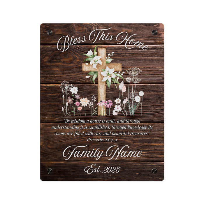 Personalized Christian Glass Plaque Wall Art, Bless This Home, Family Name, Cross, Customizable, Rustic Barn Wood Decor, Housewarming Gift