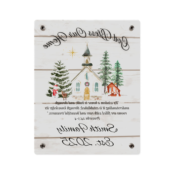 God Bless Our Home Wall Art Panel, Christian Home Decor, Rustic Christmas Church Scene, Personalized Name, Religious Gift, Holiday Decor