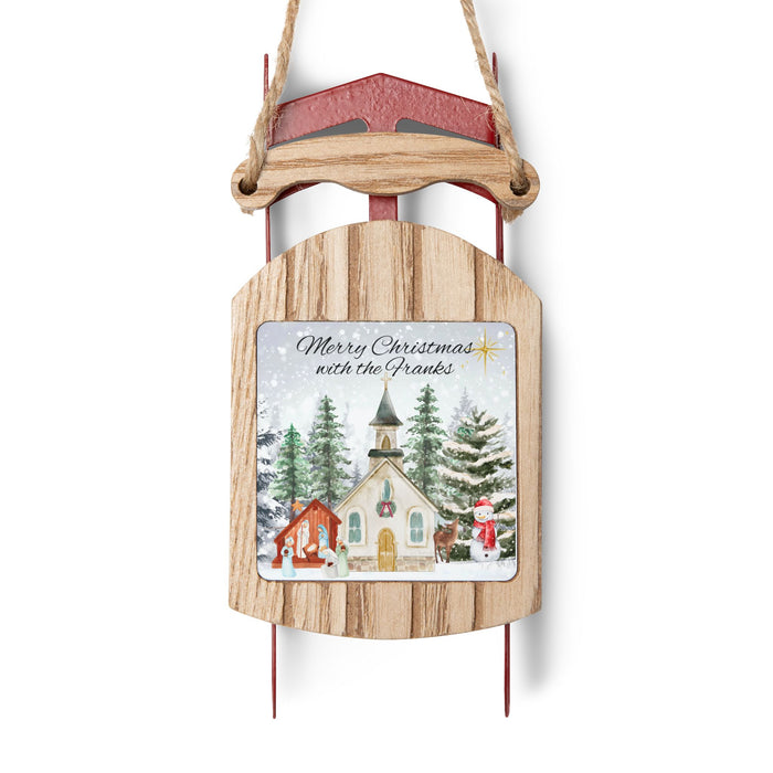 Ornament, Personalized Sled Christmas Ornament, Holiday Decor, Family Name Ornament, Snowy Church Scene, Christmas Tree Decoration