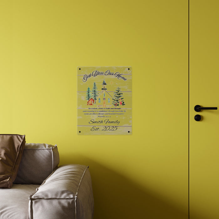 God Bless Our Home Wall Art Panel, Christian Home Decor, Rustic Christmas Church Scene, Personalized Name, Religious Gift, Holiday Decor