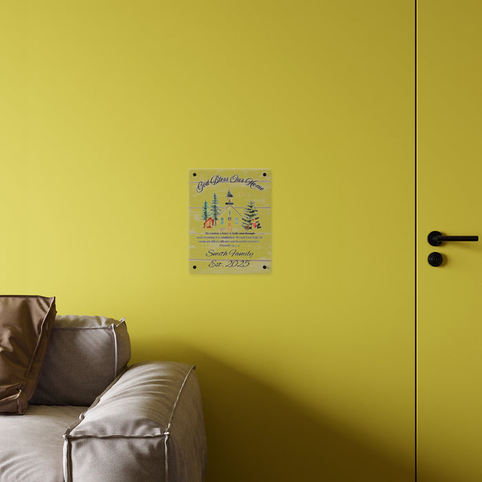 God Bless Our Home Wall Art Panel, Christian Home Decor, Rustic Christmas Church Scene, Personalized Name, Religious Gift, Holiday Decor