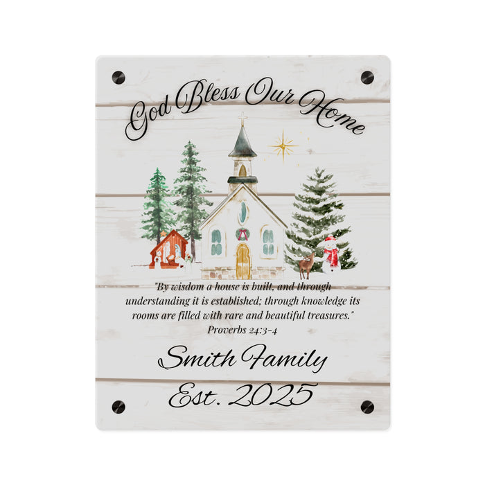 God Bless Our Home Wall Art Panel, Christian Home Decor, Rustic Christmas Church Scene, Personalized Name, Religious Gift, Holiday Decor