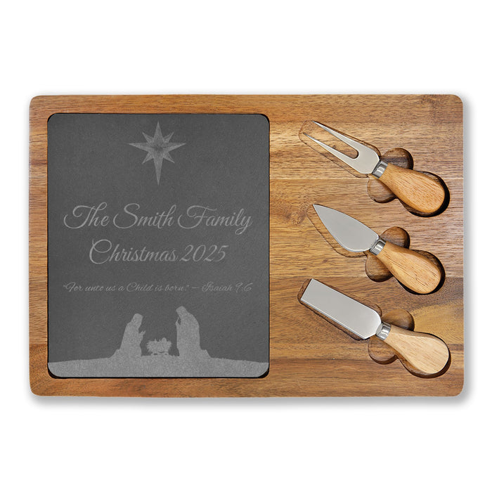 Nativity Scene Christmas Charcuterie Board | Custom Laser Engraved Wooden Board with Slate, Bible Quote & Family Name | Includes Utensils
