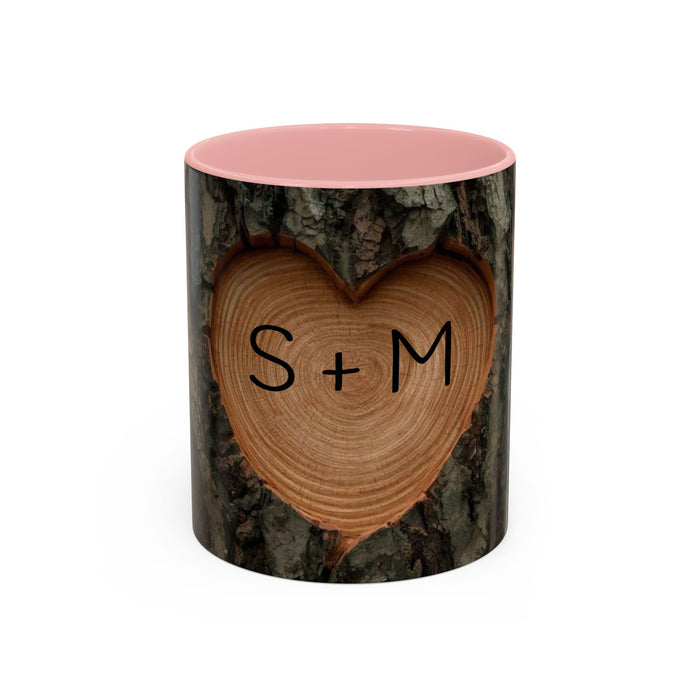 Personalized Tree Heart Engraved Wood Grain Mug with Custom Couples Initials | Rustic Wood Gifts | Anniversary Gift | Accent Coffee Mug 11oz