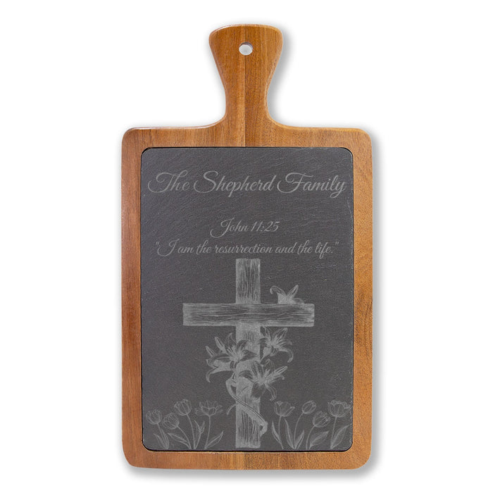 Rustic Cross with Easter Lilies Charcuterie Board Engraved | Personalized Family Name | Wood with Slate and Handle | Christian Easter Gift