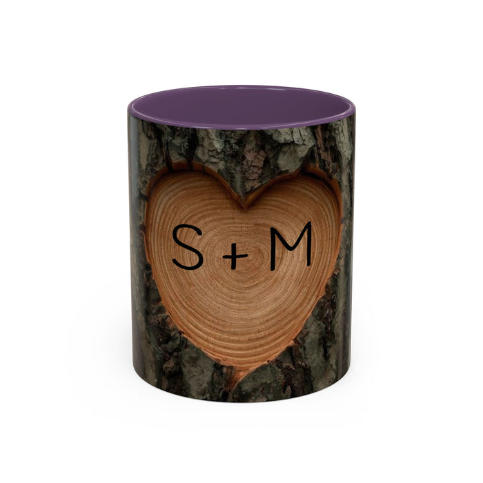 Personalized Tree Heart Engraved Wood Grain Mug with Custom Couples Initials | Rustic Wood Gifts | Anniversary Gift | Accent Coffee Mug 11oz