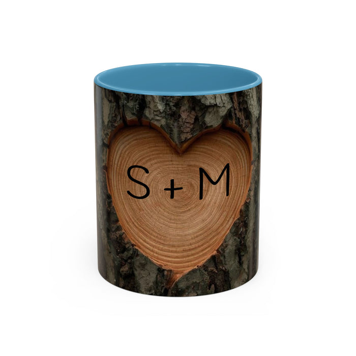Personalized Tree Heart Engraved Wood Grain Mug with Custom Couples Initials | Rustic Wood Gifts | Anniversary Gift | Accent Coffee Mug 11oz
