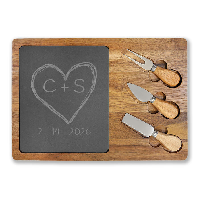 Engraved Heart with Personalized Initials and Anniversary Date | Wood and Slate Charcuterie Board | Valentines Day Gifts | Anniversary Gifts