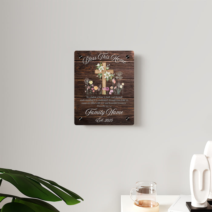 Personalized Christian Glass Plaque Wall Art, Bless This Home, Family Name, Cross, Customizable, Rustic Barn Wood Decor, Housewarming Gift