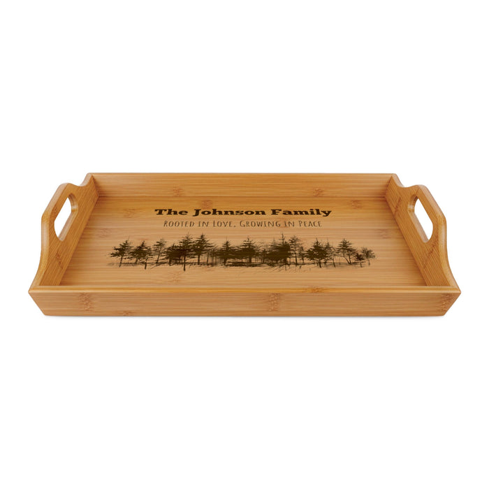 Engraved Bamboo Serving Tray with Forest Silhouette — Rustic Entertaining Tray