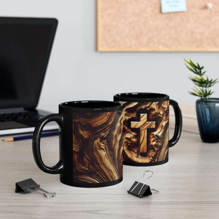 Christian Wooden Cross Black Mug, Jerusalem Olive Wood Grain Ceramic Cup, Religious Gift, Coffee or Tea Mugs, Christian Decor & Kitchenware