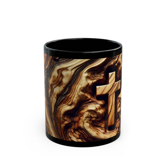 Christian Wooden Cross Black Mug, Jerusalem Olive Wood Grain Ceramic Cup, Religious Gift, Coffee or Tea Mugs, Christian Decor & Kitchenware
