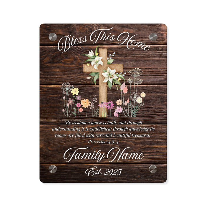 Personalized Christian Glass Plaque Wall Art, Bless This Home, Family Name, Cross, Customizable, Rustic Barn Wood Decor, Housewarming Gift