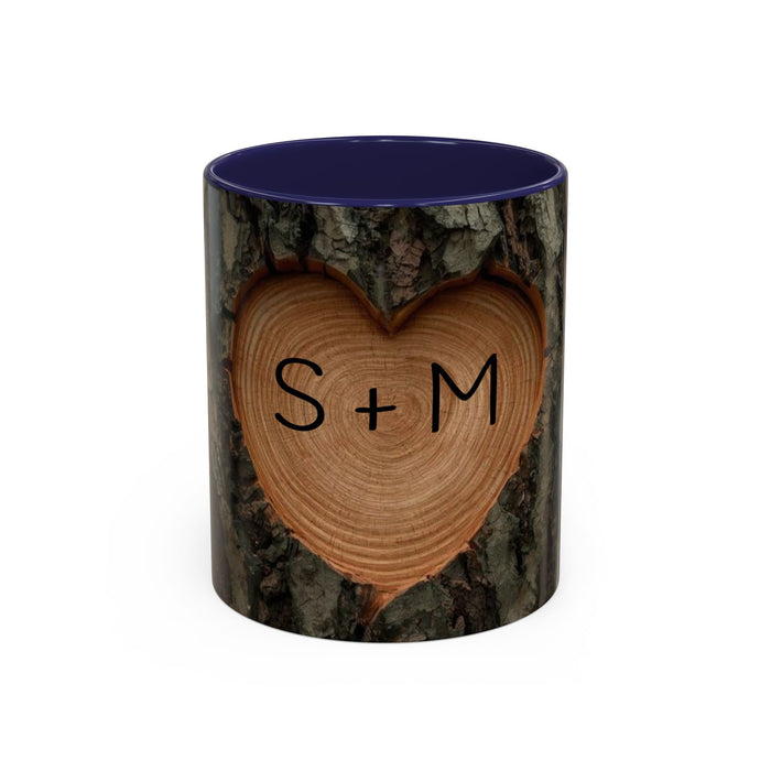 Personalized Tree Heart Engraved Wood Grain Mug with Custom Couples Initials | Rustic Wood Gifts | Anniversary Gift | Accent Coffee Mug 11oz