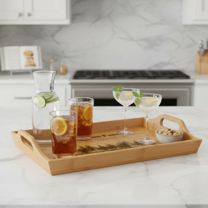 Engraved Bamboo Serving Tray with Forest Silhouette — Rustic Entertaining Tray
