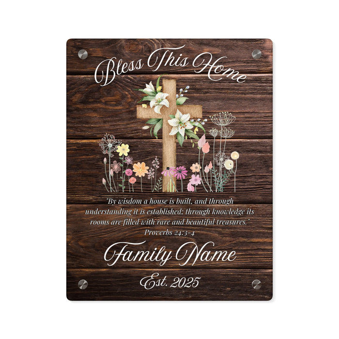Personalized Christian Glass Plaque Wall Art, Bless This Home, Family Name, Cross, Customizable, Rustic Barn Wood Decor, Housewarming Gift