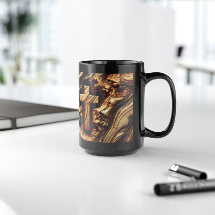 Christian Wooden Cross Black Mug, Jerusalem Olive Wood Grain Ceramic Cup, Religious Gift, Coffee or Tea Mugs, Christian Decor & Kitchenware