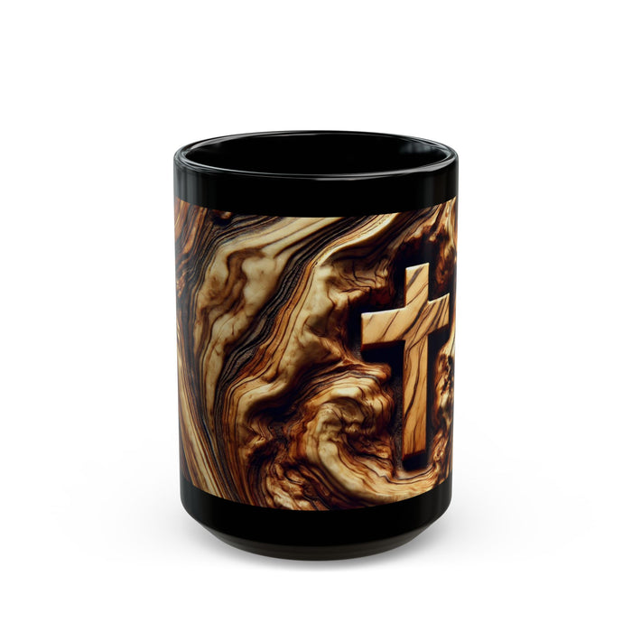 Christian Wooden Cross Black Mug, Jerusalem Olive Wood Grain Ceramic Cup, Religious Gift, Coffee or Tea Mugs, Christian Decor & Kitchenware
