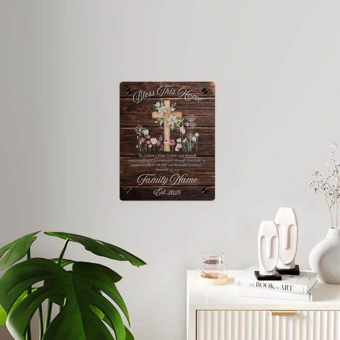Personalized Christian Glass Plaque Wall Art, Bless This Home, Family Name, Cross, Customizable, Rustic Barn Wood Decor, Housewarming Gift