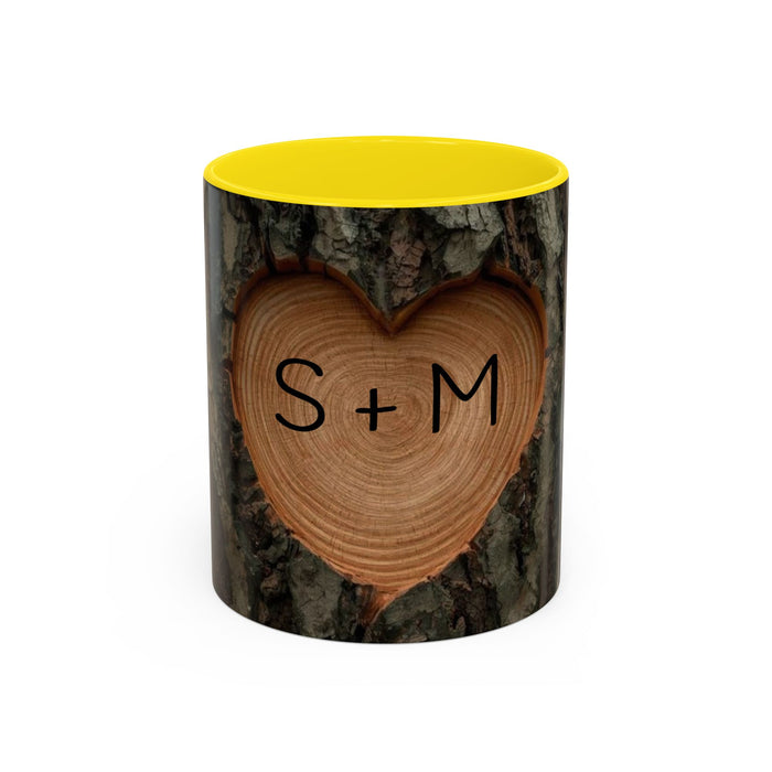 Personalized Tree Heart Engraved Wood Grain Mug with Custom Couples Initials | Rustic Wood Gifts | Anniversary Gift | Accent Coffee Mug 11oz