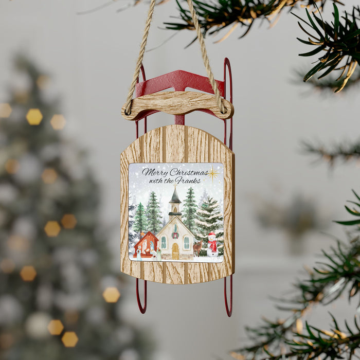 Ornament, Personalized Sled Christmas Ornament, Holiday Decor, Family Name Ornament, Snowy Church Scene, Christmas Tree Decoration