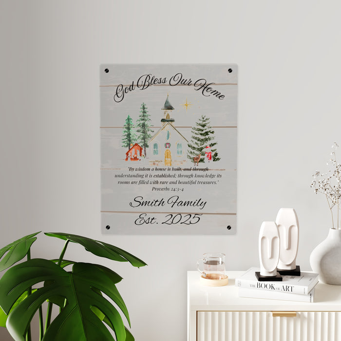 God Bless Our Home Wall Art Panel, Christian Home Decor, Rustic Christmas Church Scene, Personalized Name, Religious Gift, Holiday Decor