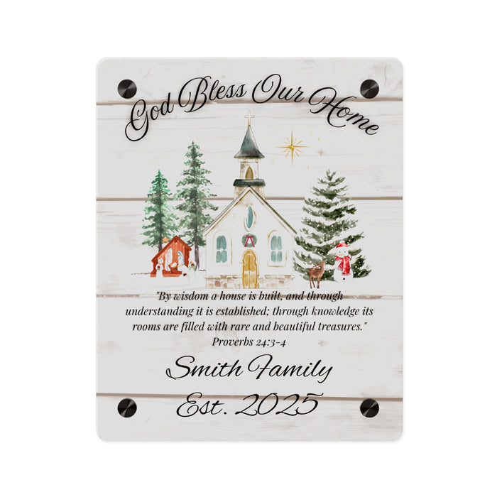 God Bless Our Home Wall Art Panel, Christian Home Decor, Rustic Christmas Church Scene, Personalized Name, Religious Gift, Holiday Decor