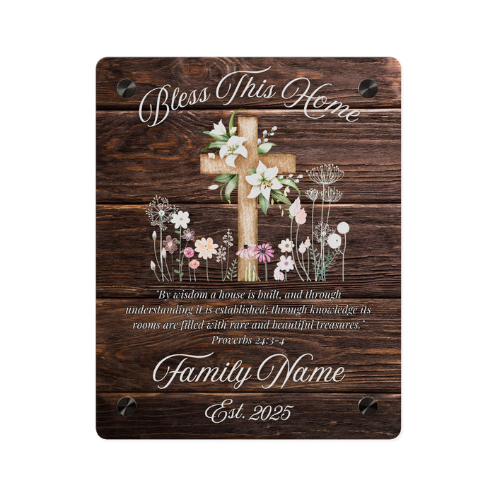 Personalized Christian Glass Plaque Wall Art, Bless This Home, Family Name, Cross, Customizable, Rustic Barn Wood Decor, Housewarming Gift