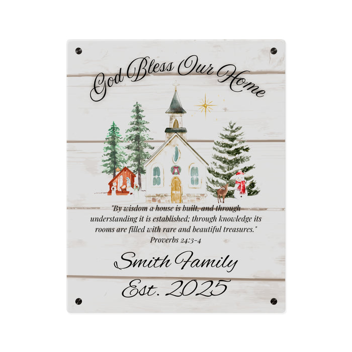 God Bless Our Home Wall Art Panel, Christian Home Decor, Rustic Christmas Church Scene, Personalized Name, Religious Gift, Holiday Decor