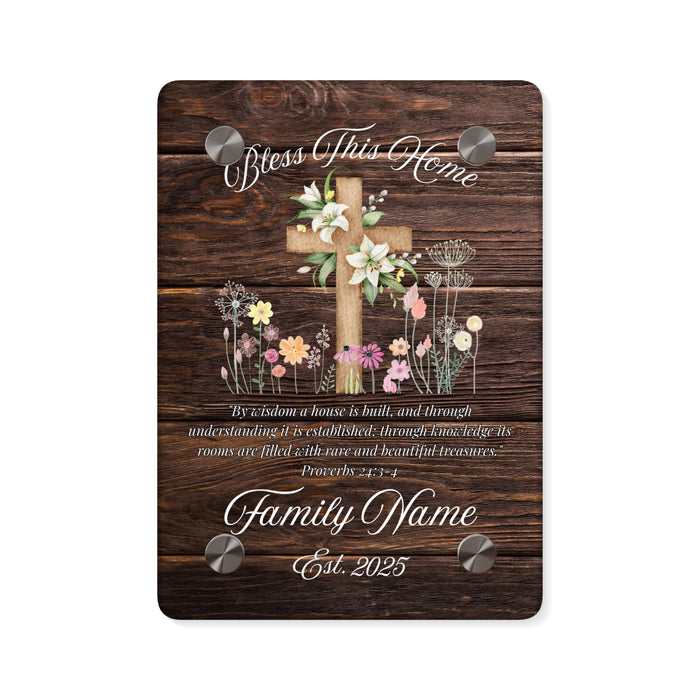 Personalized Christian Glass Plaque Wall Art, Bless This Home, Family Name, Cross, Customizable, Rustic Barn Wood Decor, Housewarming Gift