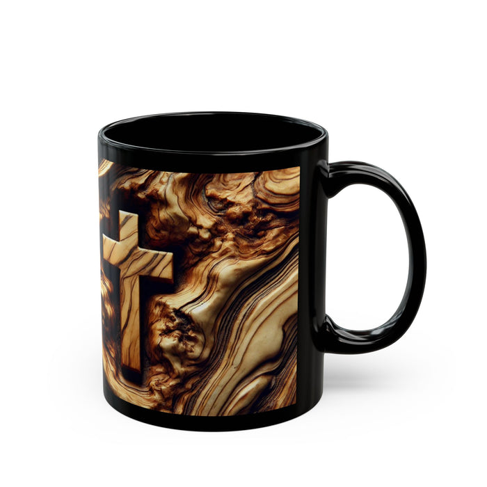 Christian Wooden Cross Black Mug, Jerusalem Olive Wood Grain Ceramic Cup, Religious Gift, Coffee or Tea Mugs, Christian Decor & Kitchenware