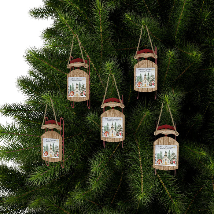 Ornament, Personalized Sled Christmas Ornament, Holiday Decor, Family Name Ornament, Snowy Church Scene, Christmas Tree Decoration